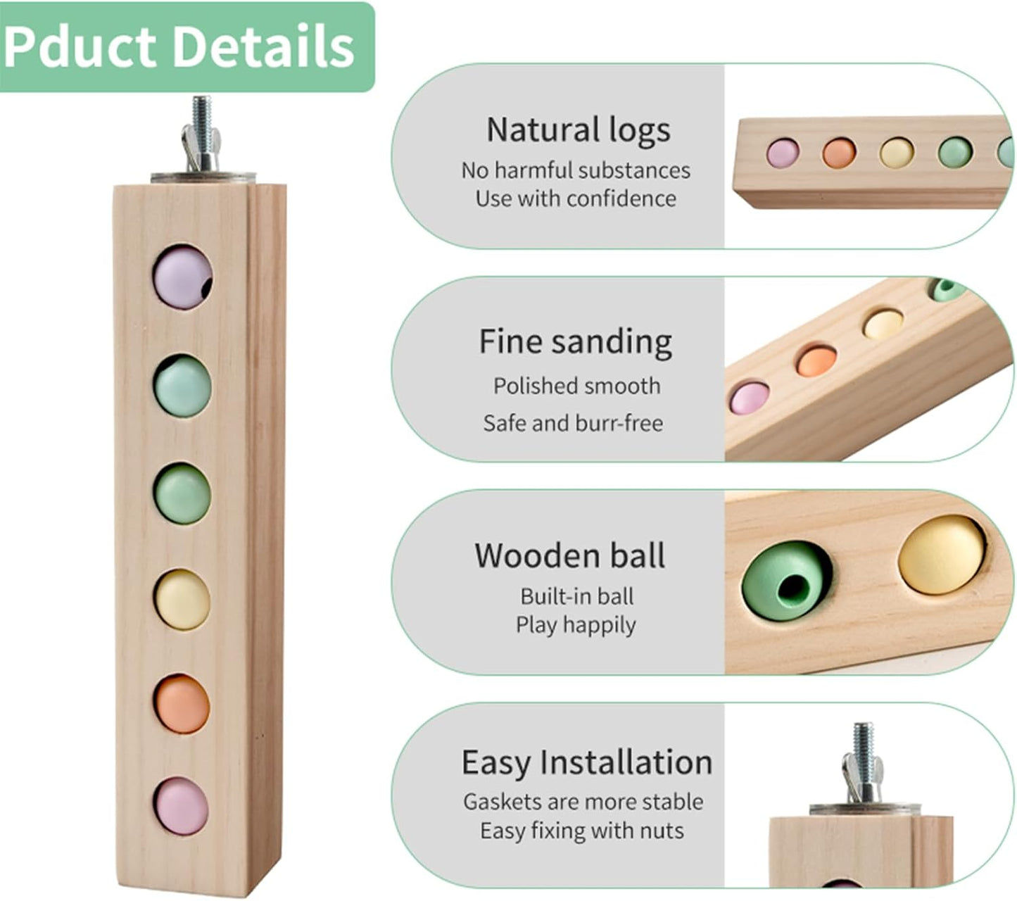 Bird Toys & Bird Perch, Bird Wooden Block Chewing Toy Parrot Foraging & Puzzle Toys Bird Cage Accessories for Conures Parakeets Cockatiels Lovebirds African Grey Macaws (Spinning Ball)