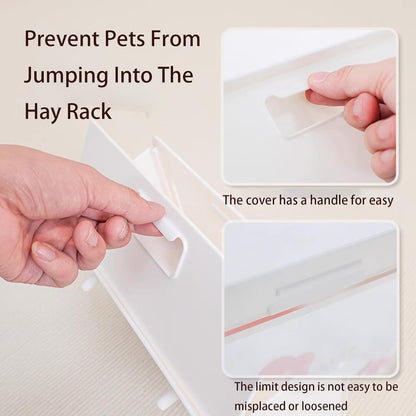 Hanging Rabbit Hay Feeder with Lid - No Waste Slow Feed Hay Rack for Rabbits, Guinea Pigs & Small Pets - Sturdy White Design, Easy to Fill & Clean, Cage Mounted Bunny Hay Holder (Iron mesh Style)