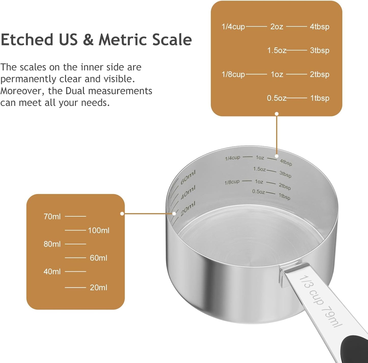 1PCS 1/3CUP(79ml) Dog Cat Food Scoop, Stainless Steel Measuring Cup, Metal Pet Scooper with Inner Precision Scale Measurement