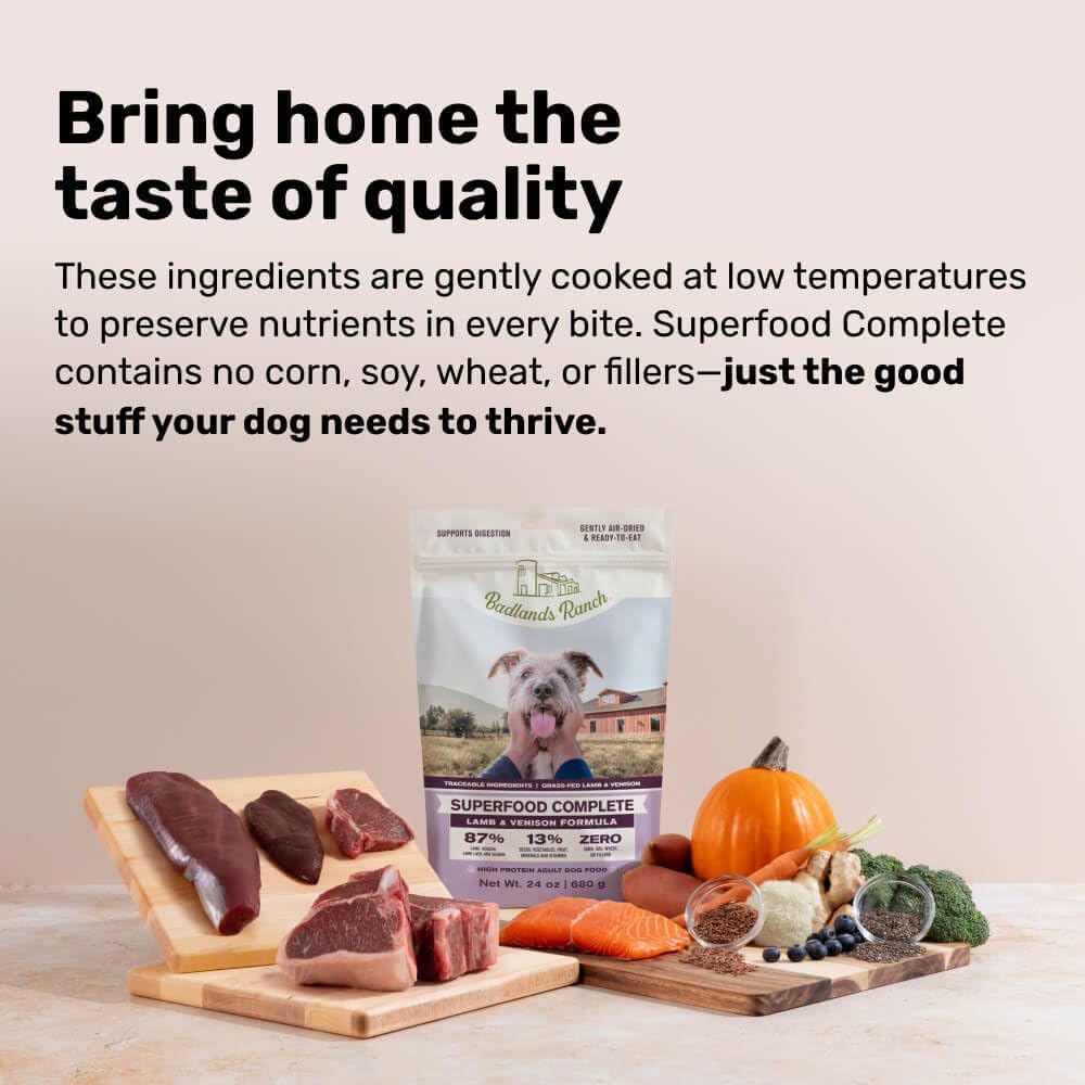 BADLANDS RANCH - Superfood Complete, Air-Dried Adult Dog Food - High Protein, Zero Fillers, Superfood Nutrition by Katherine Heigl (64 oz., Lamb & Venison)