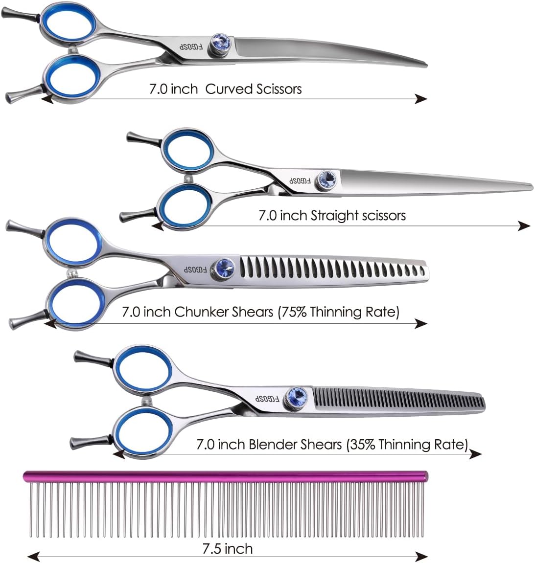 Left Handed Dog Grooming Scissors Kit 7 in Professional Curved Thinning Straight Shears 3pcs Set for Grooming Dogs Cat Pet Japanese 440C Stainless Steel(7.0'' Kit, 4Pcs)