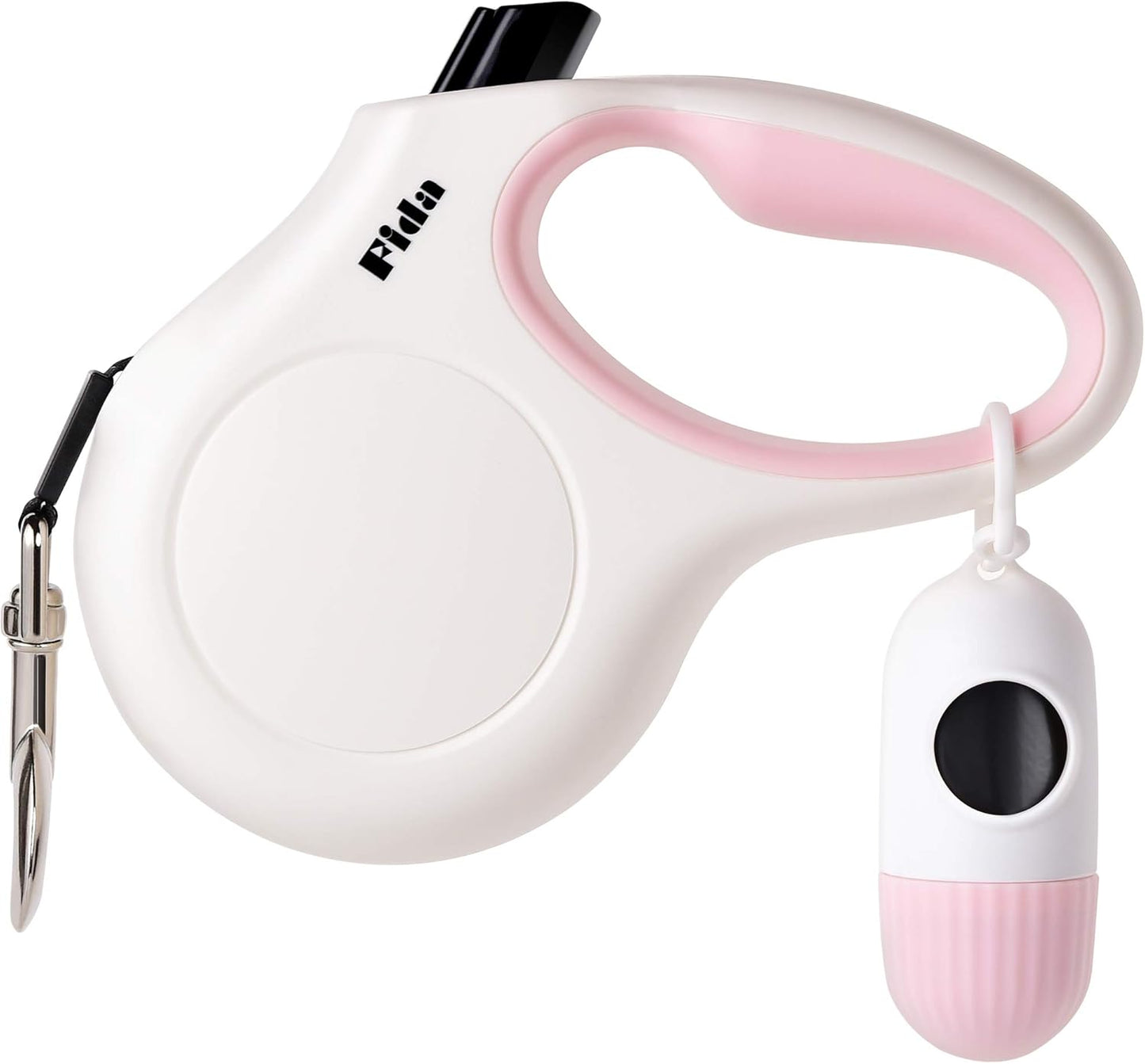 Fida Retractable Dog Leash for Small Breed up to 26 lbs, 16 ft Pet Walking Leash with Dispenser and Poop Bags, Anti-Slip Handle, Reflective Strong Nylon Tape, One-Handed Brake (S, White & Pink)