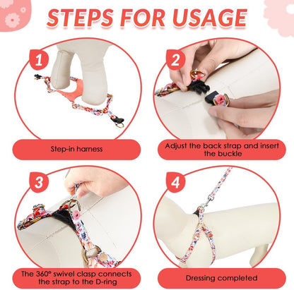 SlowTon No Pull Dog Harness with Leash - Soft Lightweight Floral Pattern Puppy Harness, Adjustable Pet Harness for Small Medium Dogs Pupppy (Flower M)