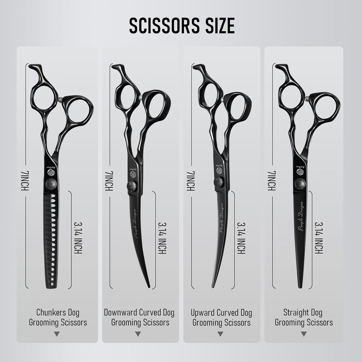 Purple Dragon Dog Grooming Scissors Set - Chunkers, Straight, Up & Down Curved Scissors and Comb, 7 Inch Black Shears with Adjustable Screw for Dogs and Cats