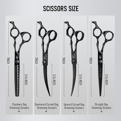 Purple Dragon Dog Grooming Scissors Set - Chunkers, Straight, Up & Down Curved Scissors and Comb, 7 Inch Black Shears with Adjustable Screw for Dogs and Cats
