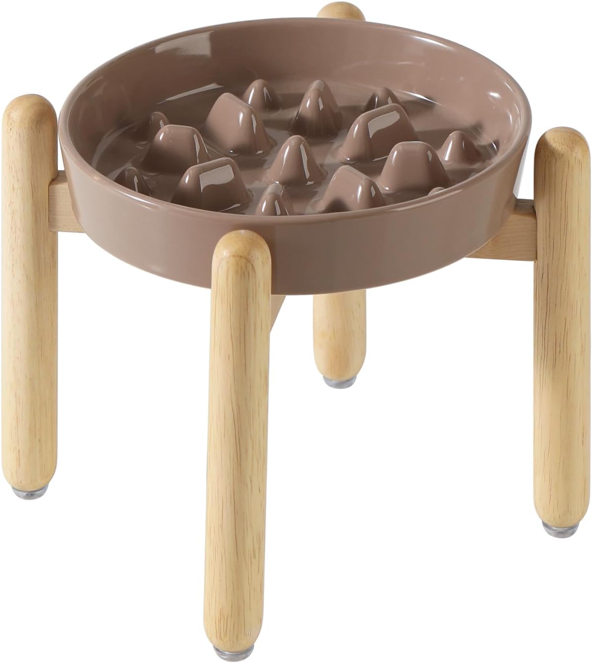 Ceramic 1.6 Cup Dog Raised Slow Feeder Set, Elevated Bowl with Wooden Stand for Medium and Large Dog, 8.2inch Slow Feeder Dish for Fast Easters, Anti-Gulping(Brown Coffee, Single Bowl+ Stand)