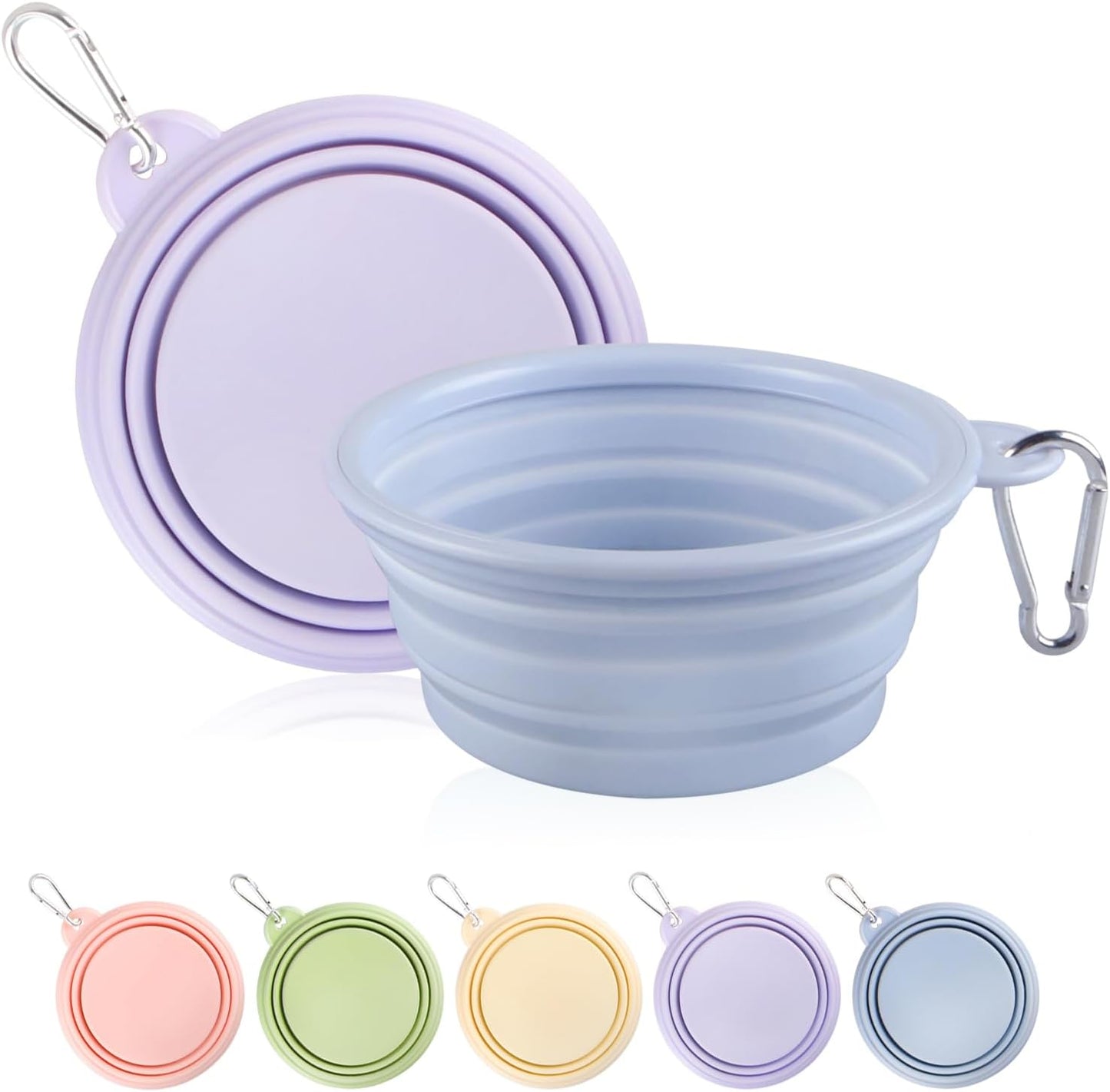 Collapsible Dog Bowls 2-Pack, Portable Travel Dog Bowl with Carabiner, Food-Grade Silicone Pet Bowl for Hiking, Walking (Macaron Blue and Violet)