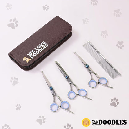 Dog Grooming Scissors Kit with Rounded Blunt Tips - Straight, Curved & Thinning Shears - Best Tools for Goldendoodles, Poodles & Doodles - Professional Grade Steel, 4 Pc Set [We Love Doodles]