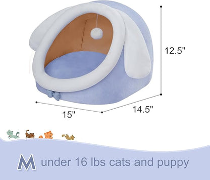 Jiupety Cute Cat Bed for Indoor Cats, Warm Soft Cave Fit for Cat Up to 16 Lb and Puppy, Big Ear, M