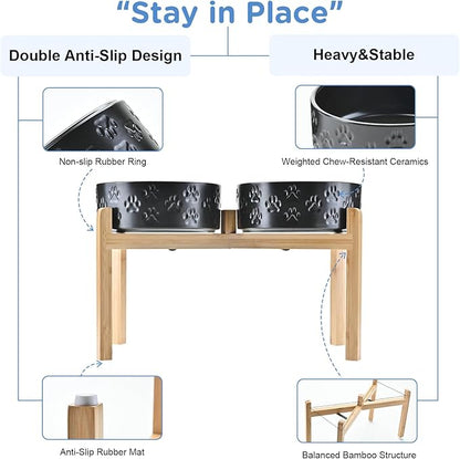 SPUNKYJUNKY Elevated Dog Bowls Ceramic, 8.3'' Dogs Food Water Bowls Raised with Non-Slip Bamboo Stand for Large Sized Breed Microwave Dishwasher Safe - 60 OZ,Paw Black