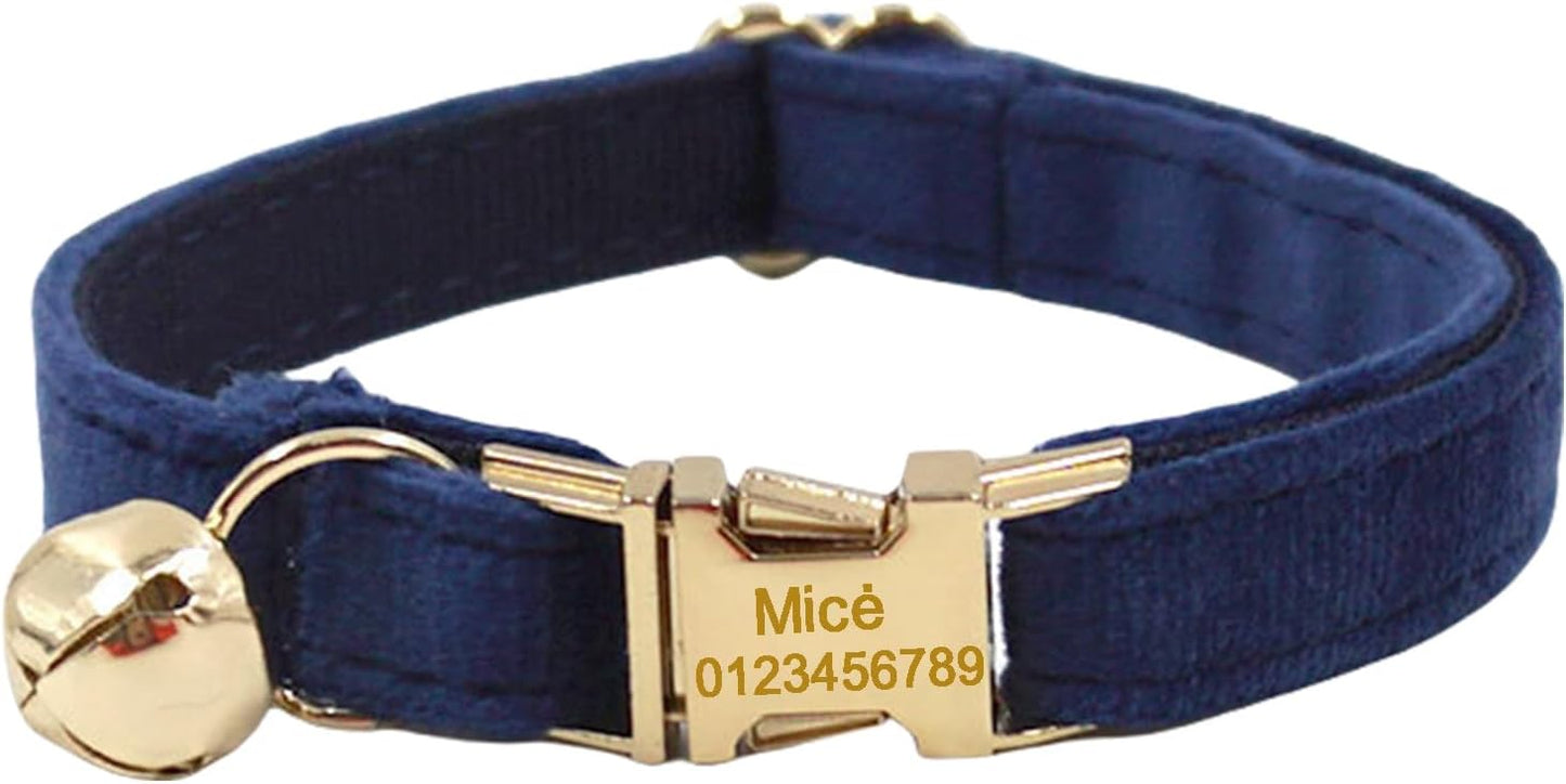 Personalized Cat Collar with Bells,Velvet Customized Small Cat Collar with Name Tag,Pet Collar with Name Phone Number Engraved ID Tags for Boy and Girl Kitten Cats (Tibetan Blue)