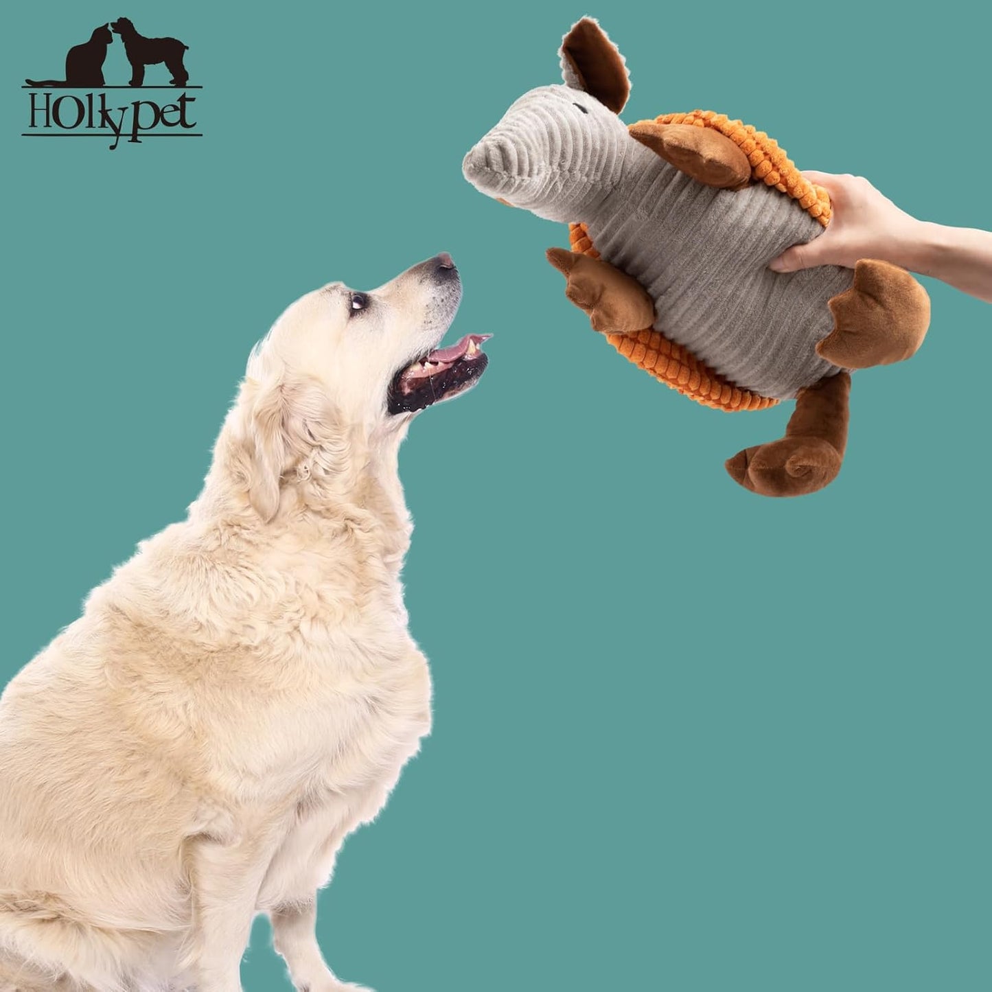 Hollypet Plush Dog Squeaky Toy Stuffed Armadillo Animal Pet Puppy Chew Toys with Clean Teeth for Small Medium Large All Breed Sizes Dogs, Orange, 14 in