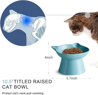 Ceramic Elevated Cat Bowl, Raised Cat Food Water Bowl for Indoor Cats with Stand, Titled Anti-Vomiting Cat Dish，Whisker Friendly, All Life Stage
