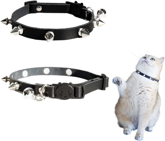 Spiked Cat Collar with Bells, Breakaway Genuine Leather Protective Collar for Kitty, Studs Spikes Punk Style Adjustable for Girl Boy Kittens Small Bunny Rabbit, 8"-9.5" Black