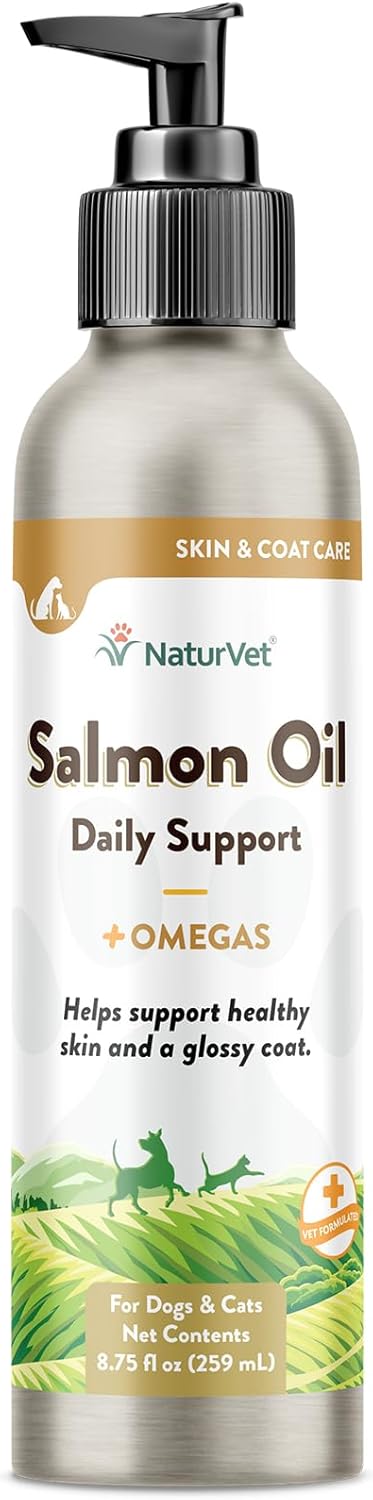 NaturVet – Salmon Oil Skin & Coat Plus Omegas – Supports Healthy Skin & Glossy Coat – Source of Omega-3 & 6 Fatty Acids – for Dogs & Cats (8.75 oz Oil)