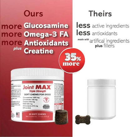 PHS Joint MAX Triple Strength (TS) Soft Chews for Dogs - Glucosamine, Chondroitin, MSM, Turmeric, Omega 3 - Hip and Joint Pain Relief and Support for Dogs - Made in USA - 30 Soft Chews