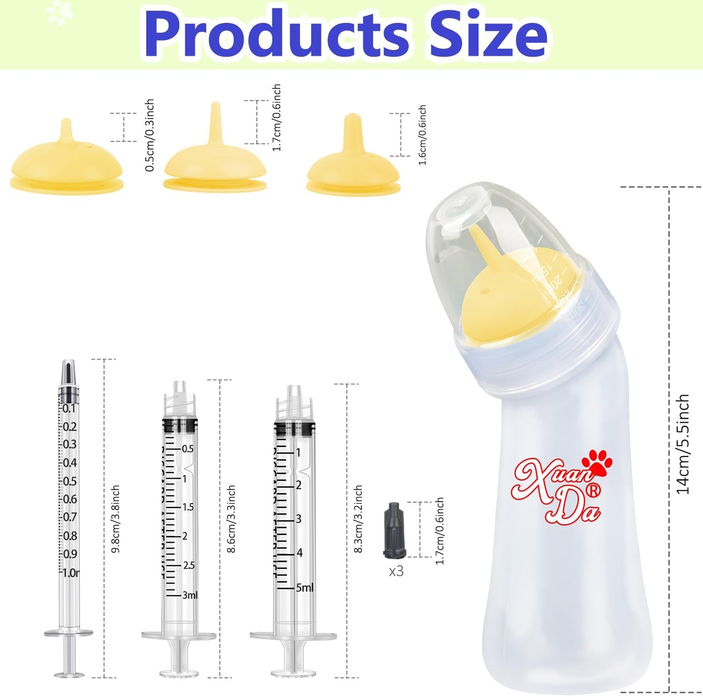 Pet Feeding Bottle and Syringes, 3 Sizes Nipples with Ventilation Valve Resistant Tearing Perfect for Puppies, Kittens, Small Wildlife (Yellow)