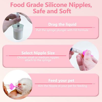 Kitten Bottle Feeding kit with Feeding Nipple and Syringe, Soft Silicone Nursing Pet Feeding Bottle, Ventilation Valve Resistant Tearing for Small Puppies, Kittens, Rabbit (S Nipple-Pink)