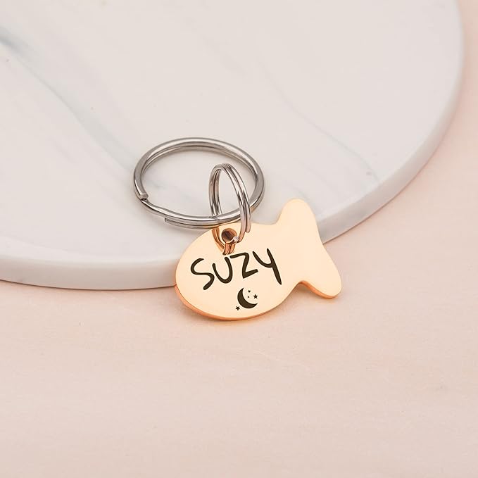 Anavia Small Size Dog Cat ID Tags, Small/XS Personalized Color Plated Stainless Steel Puppy Kitten Name Tags, Customized Engraved Nameplate Pet Collar Tag (Purple, Fish)