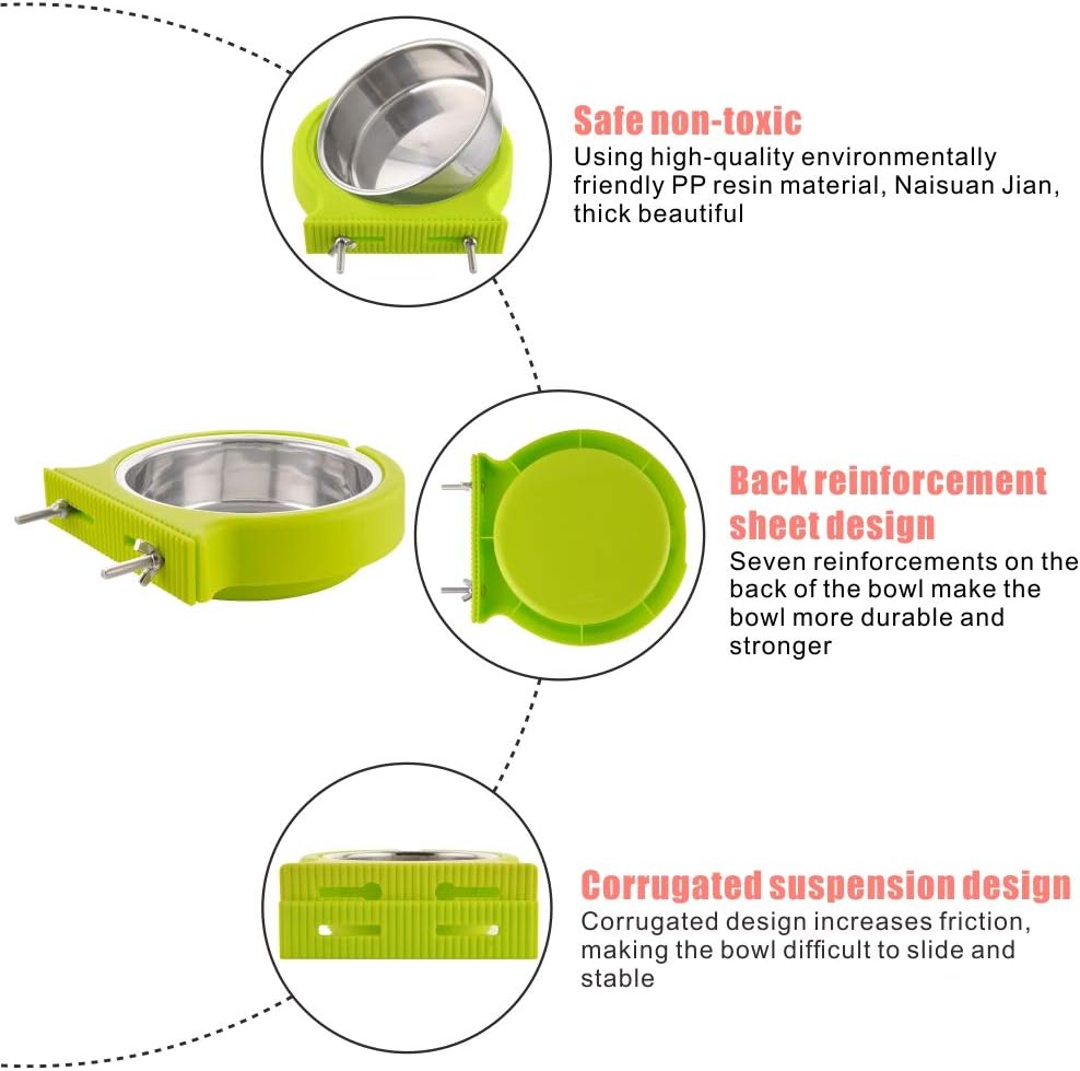 Crate Dog Bowl Removable Stainless Steel Water Food Bowls Cage Coop Cup for Cat Puppy Bird Pets (Large, Green with Corrugated Clip)