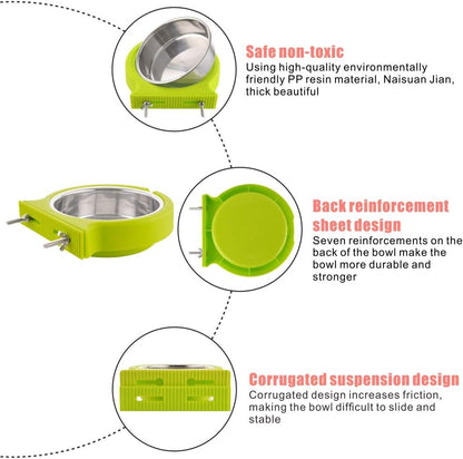 Crate Dog Bowl Removable Stainless Steel Water Food Bowls Cage Coop Cup for Cat Puppy Bird Pets (Large, Green with Corrugated Clip)