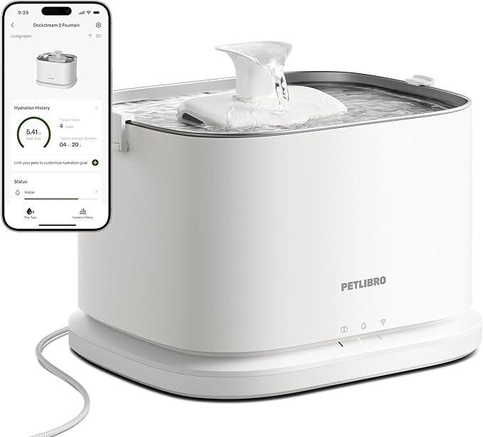PETLIBRO Upgrade Cat Water Fountain, Dockstream 2 Smart App Monitoring Pet Water Fountain for Cats Indoor, 3L/101oz Cat Fountain Stainless Steel Tray for Drinking, 5G WiFi Auto Cat Water Dispenser Dog
