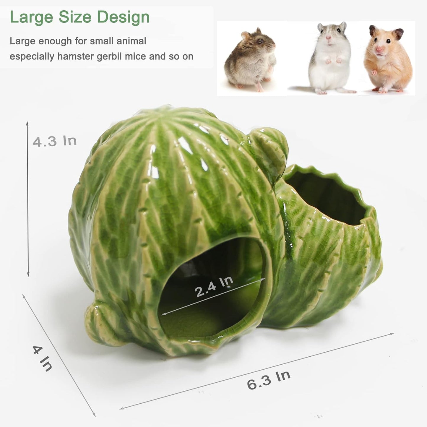 Ceramic Hamster Hideout, Dwarf & Syrian Hamster Hut with Double Doors, Anti-Bite Hideaway House for Mice & Gerbils (Light Green)