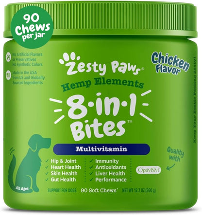 Zesty Paws 8-in-1 Bites for Dogs + Hemp Seed, 90 Count (Packaging May Vary)