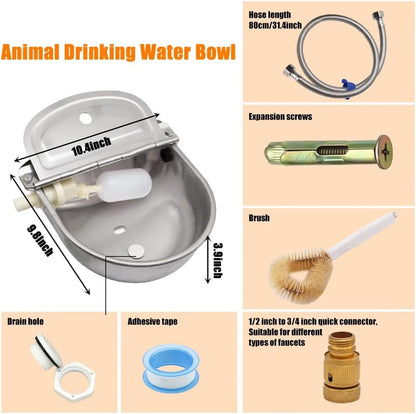 Automatic Animal Drinking Water Bowl with Float Valve and Drainage Hole, 304 Stainless Steel Livestock Dispenser Waterer Kits Included Water Hose, 3/4''Adaptor, Float Valves Mounting Bolts (1 Set)