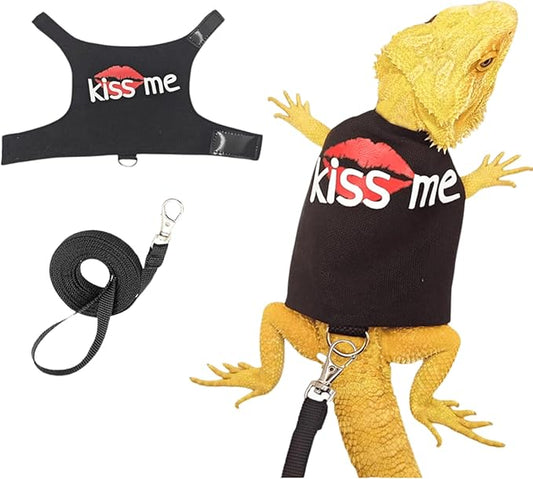 Bearded Dragon Harness and Leash Set - Cute Lizard Reptile Small Animal Adjustable Harness Clothes with Short Leash for Walking Outdoor (Black)