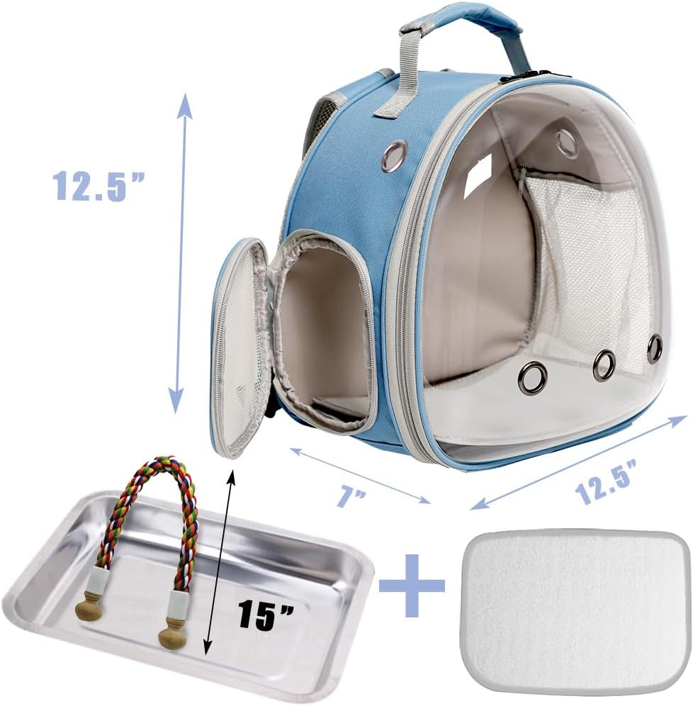 Small Bird Travel Backpack Carrier Cage, Backpack to Transport Backpack Carrier with Metal Tray Stand Perch for Parakeet Cockatiel Budgies Vet Carry Bag