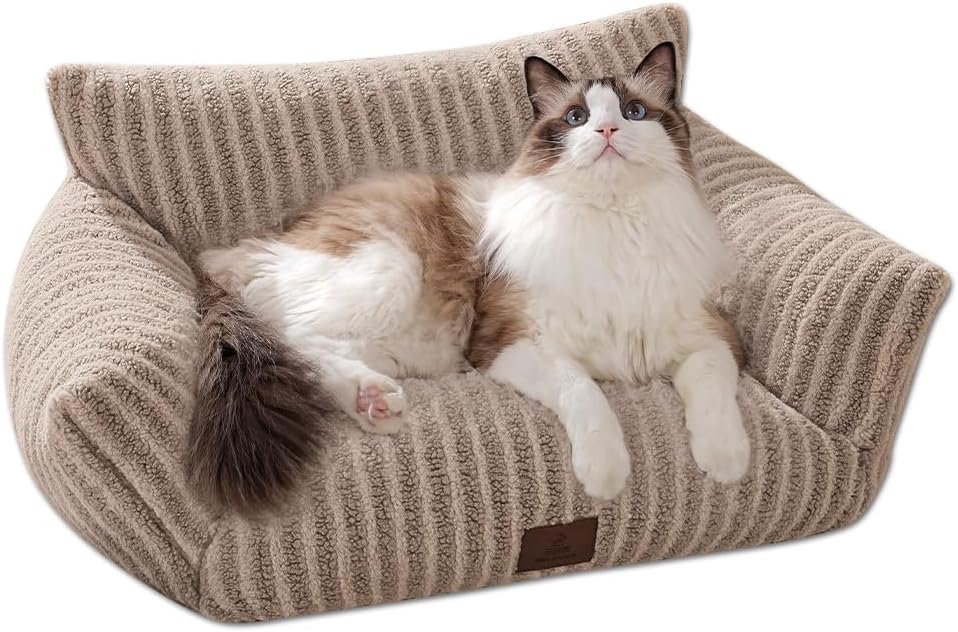 Cozy Couch for Cats Fluffy Pet Sofa with Premium Soft Fleece Fuzzy Cat Beds for Indoor Cat with Removable Washable Cover Supportive Pet Bed 24×18inch Coffee