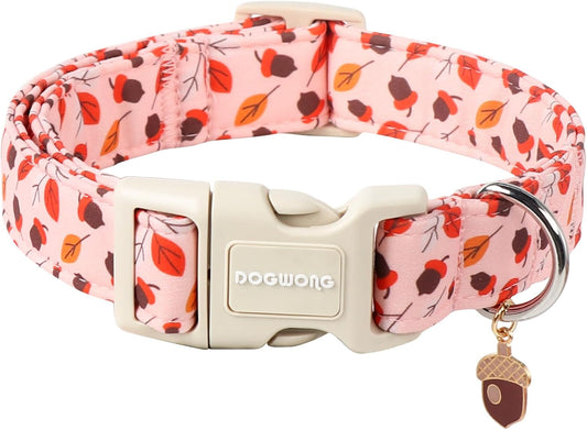 DOGWONG Fall Hazelnut Maple Dog Collar- Pink Fall Holiday Dog Collars Adjustable Autumn Leaf Dog Collar for Small Medium Large Dogs L