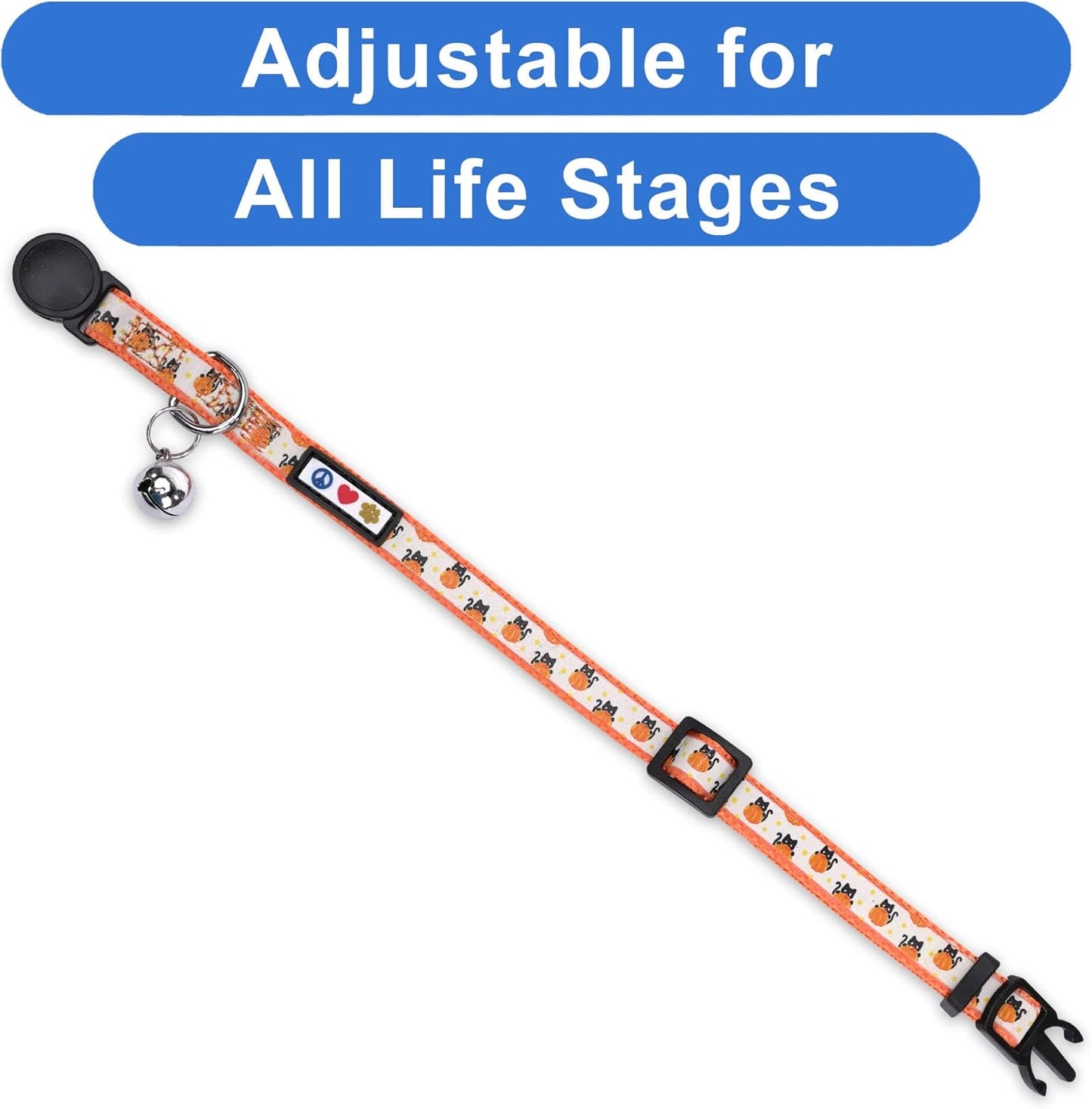 Pawtitas Halloween Cat Collars for Cats Adjustable Collar Glow in The Dark Feature and Safety Breakaway Buckle and Removable Bell to Match Your Halloween Cat's Costume - Orange Pumpkins Pattern