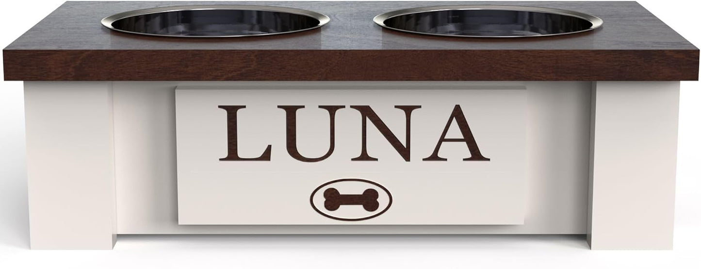 GrooveThis Woodshop - Personalized Elevated Dog Bowl Stand for Large, Medium, Small, X-Small Dogs - Stainless Steel Food and Water Bowls - Raised Dog Dish with Internal Storage (X-Small, Dark Walnut)