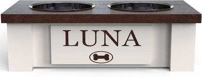 GrooveThis Woodshop - Personalized Elevated Dog Bowl Stand for Large, Medium, Small, X-Small Dogs - Stainless Steel Food and Water Bowls - Raised Dog Dish with Internal Storage (X-Small, Dark Walnut)