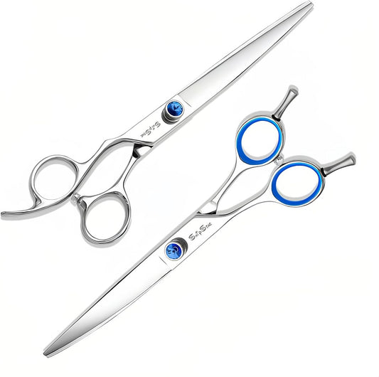 7.5in Straight Curved Dog Grooming Scissors Set, VG10 Steel Pet Shears Kit, Professional Dog Trimming Scissors, for Rabbit Cat Face Body Hair Cutting Groomer or at Home, with Ergonomic Handle