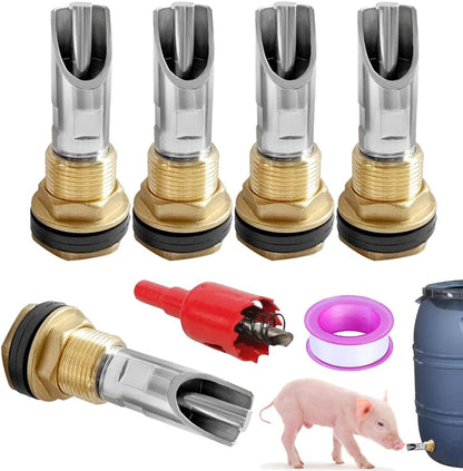 Joywayus 5PCS Stainless Steel Automatic Pig Nipple Water Drinker Feeder Waterer + 5PCS Brass Water Tank Connector Bulkhead Fitting + 1PCS Hole Opener Kit for Sows Piglets Drinking
