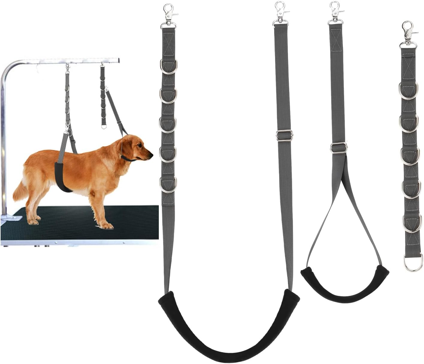 Dog Grooming Belly Straps Belly Band & Loop Extension Set - Adjustable & Comfortable Grooming Tools for Pet Grooming Tables Arms and All Dog Breeds (Gray)