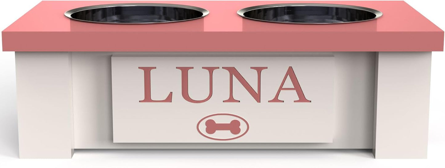 GrooveThis Woodshop - Personalized Elevated Dog Bowl Stand for Large, Medium, Small, X-Small Dogs - Stainless Steel Food and Water Bowls - Raised Dog Dish with Internal Storage (X-Small, Magenta)