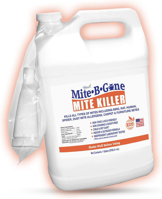 Mite Killer Treatment Spray for Home by Mite-B-Gone - Kills All Types of Mites, Dust, Spider, Rat, Carpet & Bird Mites | Safe for Homes, Furniture & Animals | Non-Toxic | Kid & Pet Friendly | 1 Gal