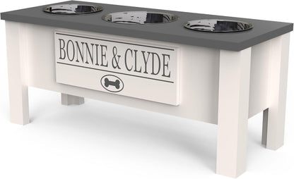 GrooveThis Woodshop - Personalized Elevated Triple Dog Bowl Stand for Large, Medium, Small, X-Small Dogs - 3 Stainless Steel Food and Water Bowls - Raised Dog Dish with Internal Storage (Large, Grey)