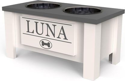 GrooveThis Woodshop - Personalized Elevated Dog Bowl Stand for Large, Medium, Small, X-Small Dogs - Stainless Steel Food and Water Bowls - Raised Dog Dish with Internal Storage (Medium, Grey)
