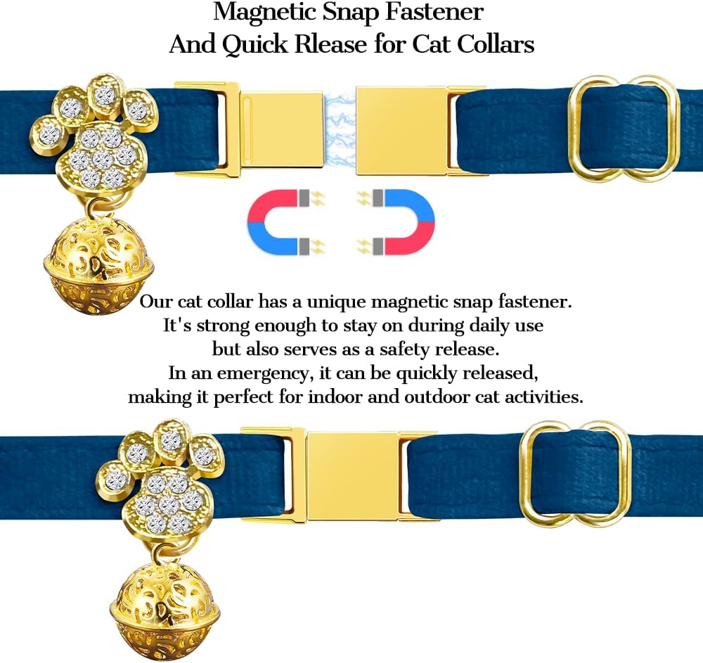 Personalized Breakaway Cat Collars - Magnetic Buckle, Bell - Safety Quick Release, Customized for Girls & Boys Cats- (Velvet-Navy)