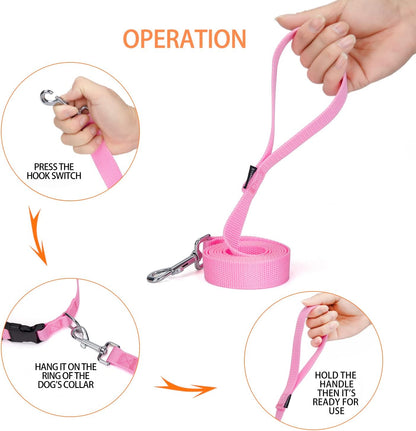 Strong Durable Nylon Dog Training Leash, 1 Inch Wide Traction Rope, 6 ft Long, for Small and Medium Dog (Pink, 6 Feet)
