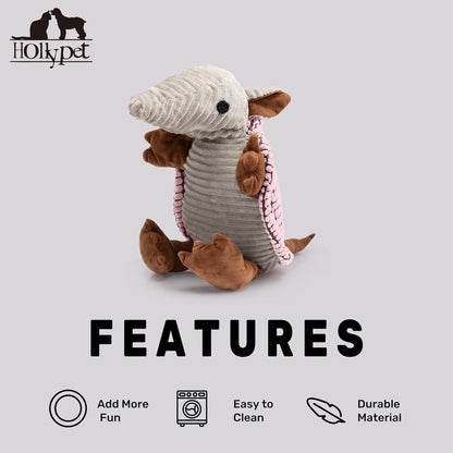 Hollypet Plush Dog Squeaky Toy Stuffed Armadillo Animal Pet Puppy Chew Toys with Clean Teeth for Small Medium Large All Breed Sizes Dogs, Pink, 14 in