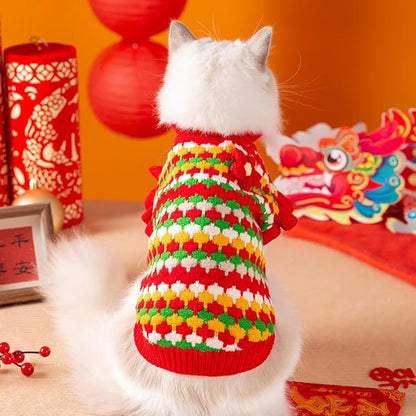 Knitted Tulip Cat Sweater, Warm Thick Holiday Puppy Clothes for Small Dog Girl, Cold Weather Outfit for Kitten Chihuahua Yorkie Teacup Dachshund Pug (Red, Small)