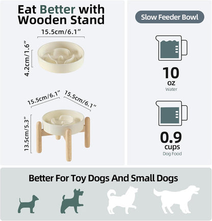Ceramic 0.9 Cup Raised Dog Slow Feeder Set, Elevated Bowl with Wooden Stand for Small Dog and Cat, 6.1inch Puzzle Slow Dog Food Dish, Anti-Gulping(Beige, Single Bowl+ Stand)