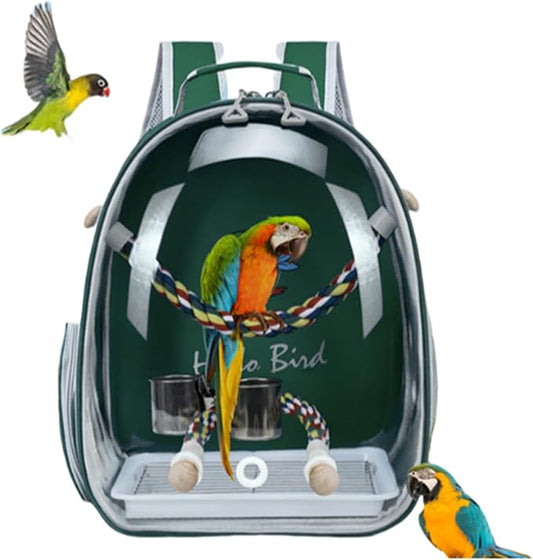 Bird Traval Carrier Cage, Multi Vent Holes Clear Space Capsule Astronaut Backpack to Carry Parakeet Cockatiel Parrot with Metal Tray Wood Perch, Vet Transport Book Bag (Green) (GREEN1)
