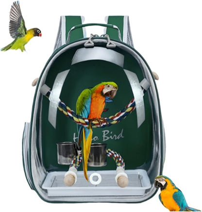 Bird Traval Carrier Cage, Multi Vent Holes Clear Space Capsule Astronaut Backpack to Carry Parakeet Cockatiel Parrot with Metal Tray Wood Perch, Vet Transport Book Bag (Green) (Green)